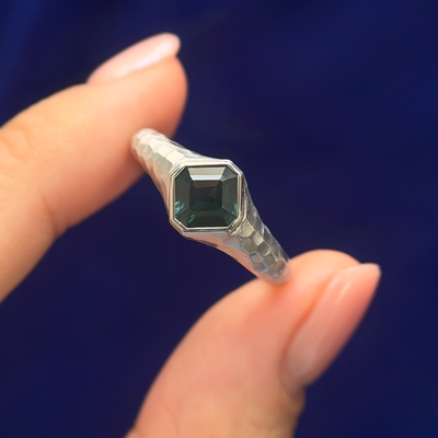 14k White Gold and Kite-set 1.2ct Asscher Green Sapphire on Matte Hammered Finish Signet Custom Ring, engraved inside ,size 8.75