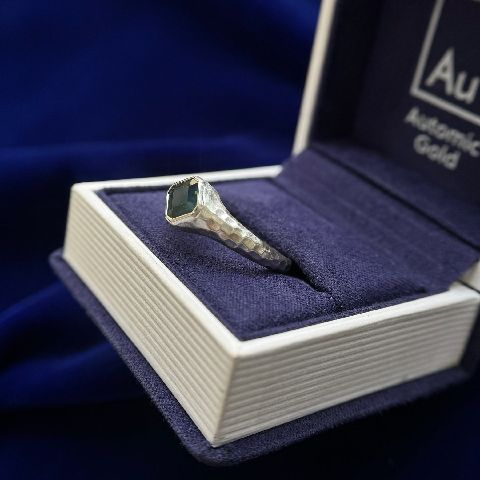 14k White Gold and Kite-set 1.2ct Asscher Green Sapphire on Matte Hammered Finish Signet Custom Ring, engraved inside ,size 8.75