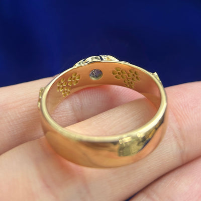 back of 18k Yellow Gold and 6mm Round Salt-and-pepper Diamond Leaves and 2pc Small Wild Sunflower on Solid 6mm Band Ring Custom Ring, size 9.5