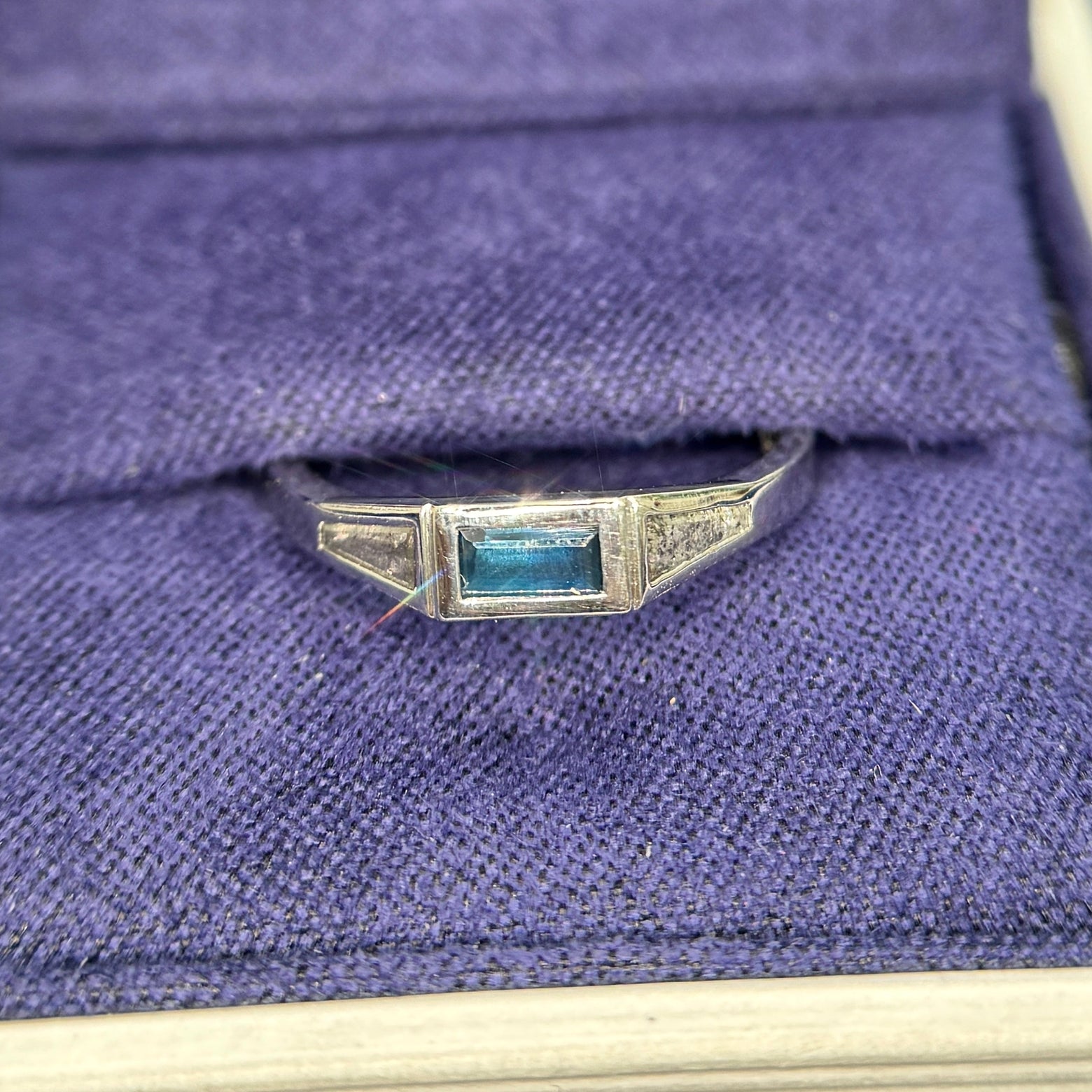 950 Platinum and Bezel-set 0.50ctw 5.2x2.5mm Baguette Blue Natural Sapphire with 2pc 4x2x1mm Tapered Salt-and-pepper Diamonds Custom Ring, size 6.5