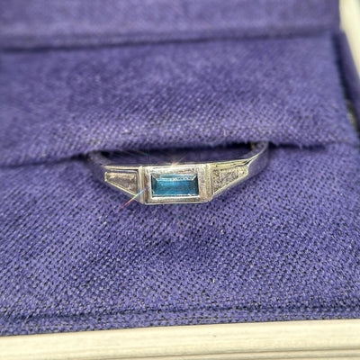 950 Platinum and Bezel-set 0.50ctw 5.2x2.5mm Baguette Blue Natural Sapphire with 2pc 4x2x1mm Tapered Salt-and-pepper Diamonds Custom Ring, size 6.5