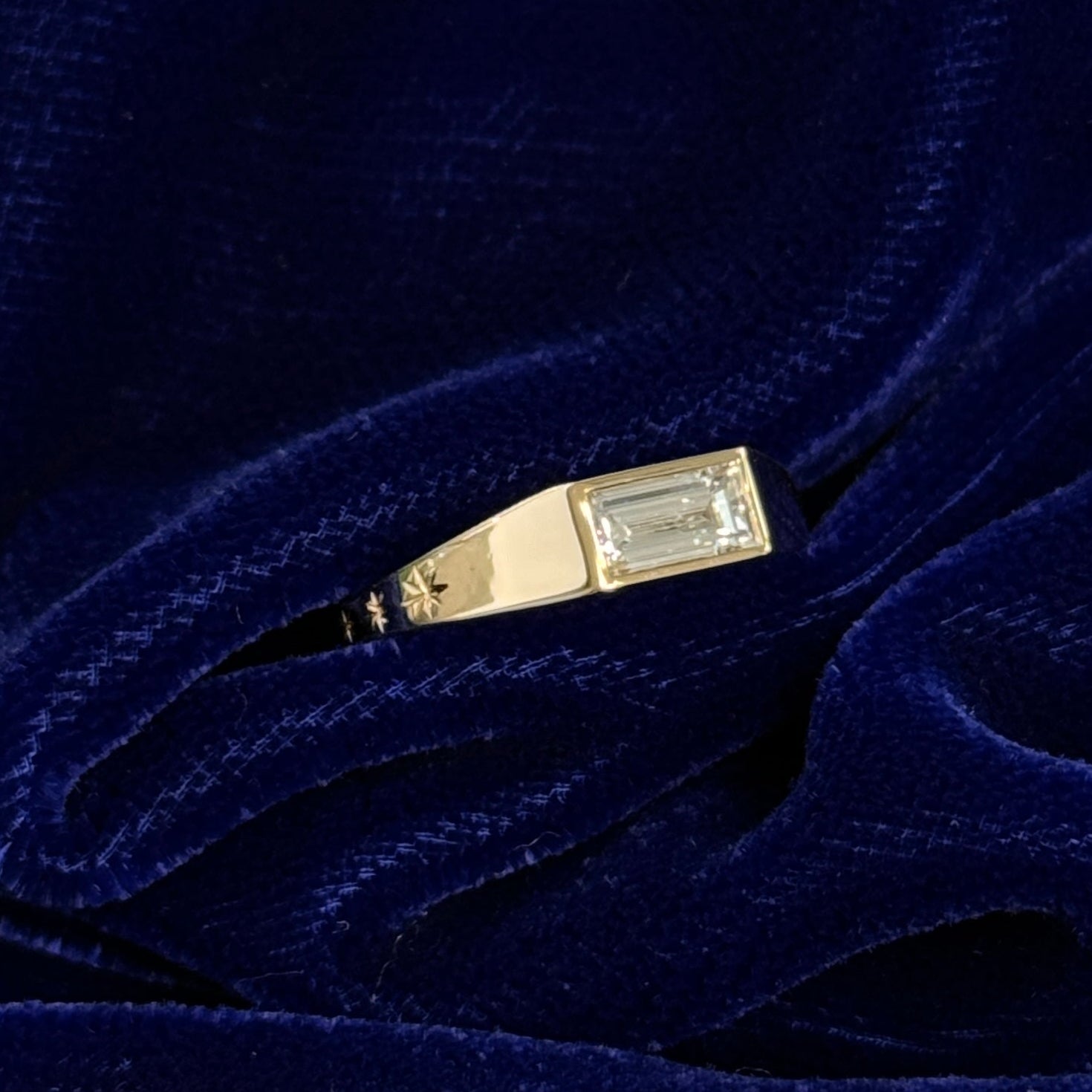 14k Yellow Gold and 0.54ct Baguette Natural Diamond Horizontally bezel-set into Signet Stars Engraved Custom Ring, size 4.5