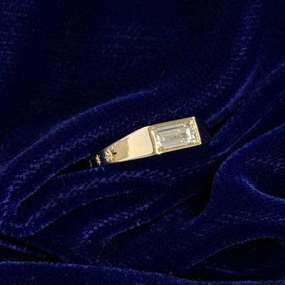 14k Yellow Gold and 0.54ct Baguette Natural Diamond Horizontally bezel-set into Signet Stars Engraved Custom Ring, size 4.5