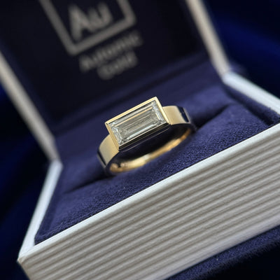 14k Yellow Gold and Bezel-horizontal-set 1.46ct Baguette Lab Diamond on 4mm Industrial Mirror Band Custom Ring, size 5.75