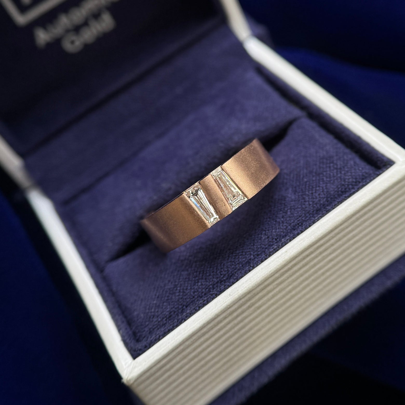 14k Rose Gold Double Baguette Lab Diamond on 6mm Matte Band Engraved Inside “I love you more” In Font Great Vibes Custom Ring Size 8.5