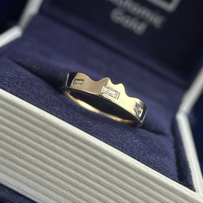14k Yellow Gold Flush-set 3pcs Baguette Natural Diamonds on 3mm Mix Mirror Band Nesting with Clients Engagement Ring, Size 4