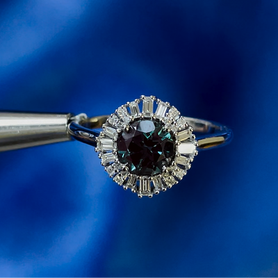 14k White Gold and Round Alexandrite with Baguette Diamond Halo Custom Ring