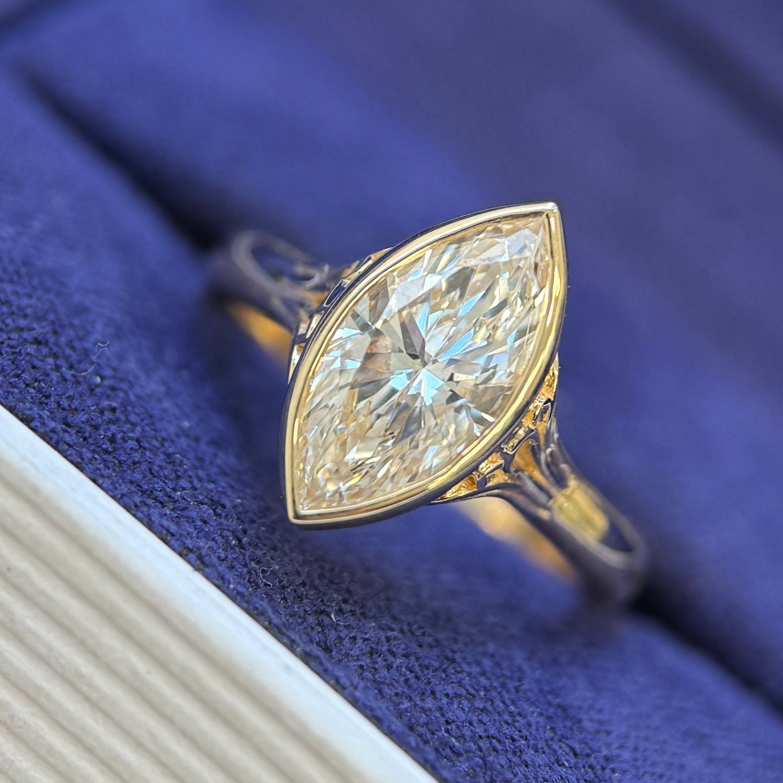 14k Yellow Gold and Cathedral Arches Bezel 1.5ct Marquise Lab Diamond with Pave Birthstone Bridge and Hidden Small Marquise Lab Diamonds Custom Ring, size 4.5