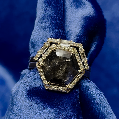 14k Yellow Gold and Hexagon Salt and Pepper Diamond with Round and Baguette Natural Diamonds Halo Engagement and Wedding Matching Band Custom Ring Set