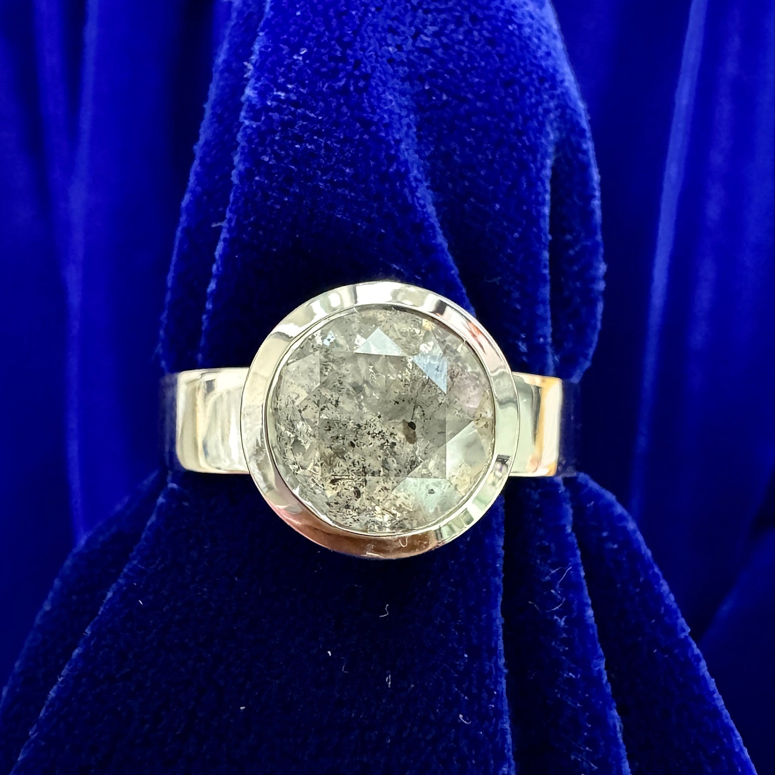 14k White Gold Bezel-set 3.74ct Gray Salt-and-pepper Round Diamond Custom Engagement Ring, size 10.5