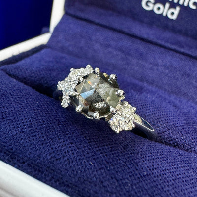 14k White Gold 8-prongs-set 1ct Round Salt-and-pepper Diamond with White Lab Diamonds Custom Asymmetrical Cluster Ring, size 5