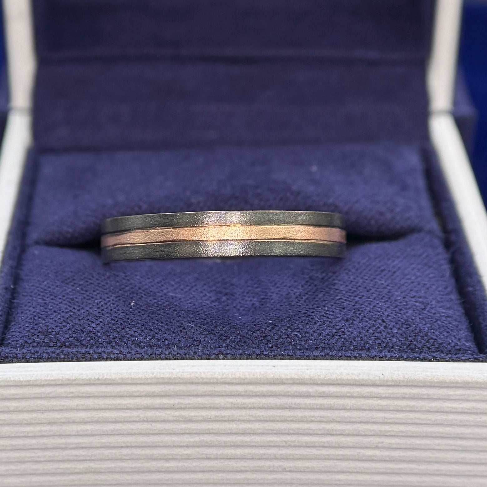 Black-rhodium-finish 14k White Gold with 14k Rose Gold inside Inlay Custom Band, size 10.5
