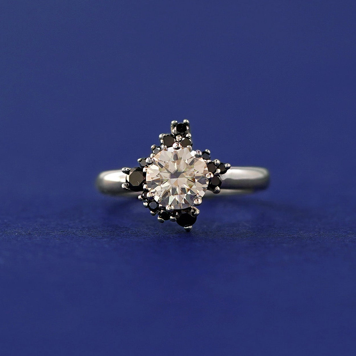 14k White Gold and 1ct Round Diamond with a Cluster of Black Diamonds Custom Ring