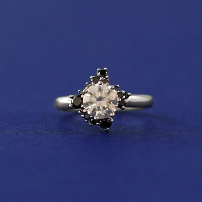 14k White Gold and 1ct Round Diamond with a Cluster of Black Diamonds Custom Ring