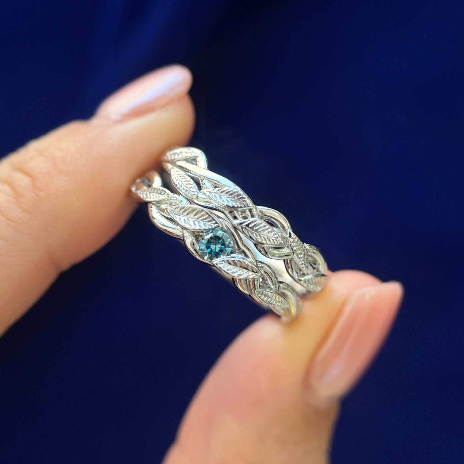 14k Nickel-Free White Gold and 3mm Blue Lab Diamond Leaves and Vines Custom Ring and 14k Nickel-Free White Gold Leaves and Vines Matching Stacking Band Ring, size 11