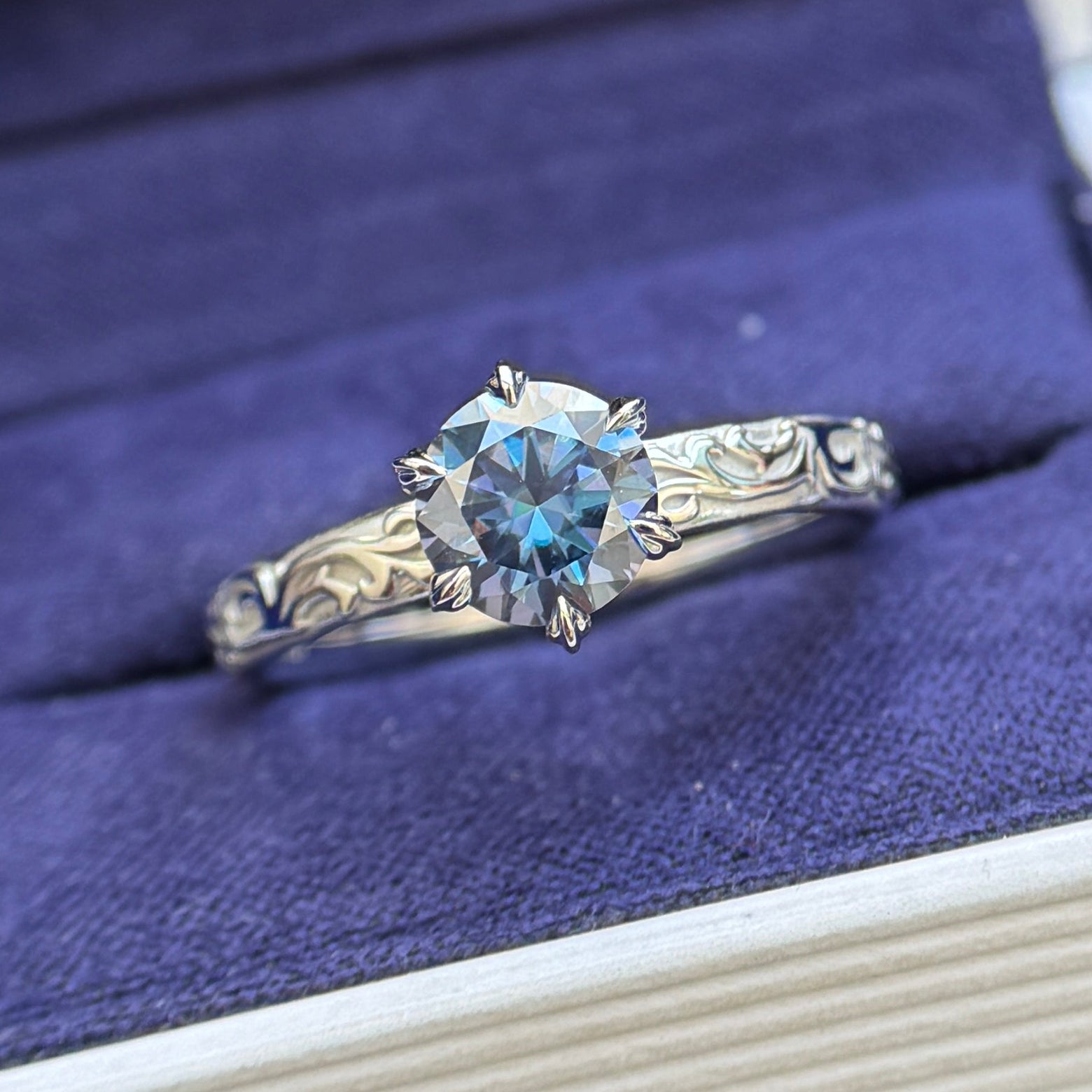 14k White Gold Prongs-set 7mm Blue Moissanite on 3mm Filigree Band Custom Ring, Size 8.75