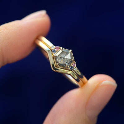 14k Customers Yellow Gold and 0.70ct Hexagon Salt-and-pepper Diamond with Blue, Pink Lab Sapphires and Lab Diamond Custom Ring with 14k Customers Yellow Gold 1.7mm Chevron Nesting Band,, size 11