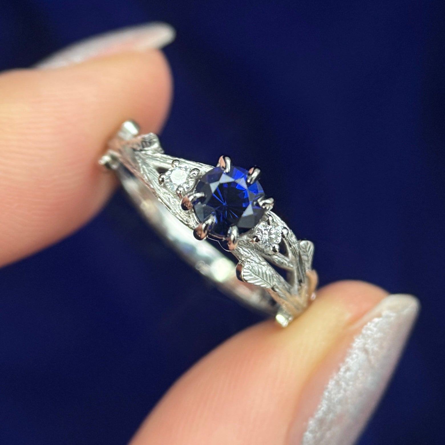 950 Platinum with 5mm Round Blue Sapphire with 2pc 2mm Round Diamonds Branches Custom Ring, size 6