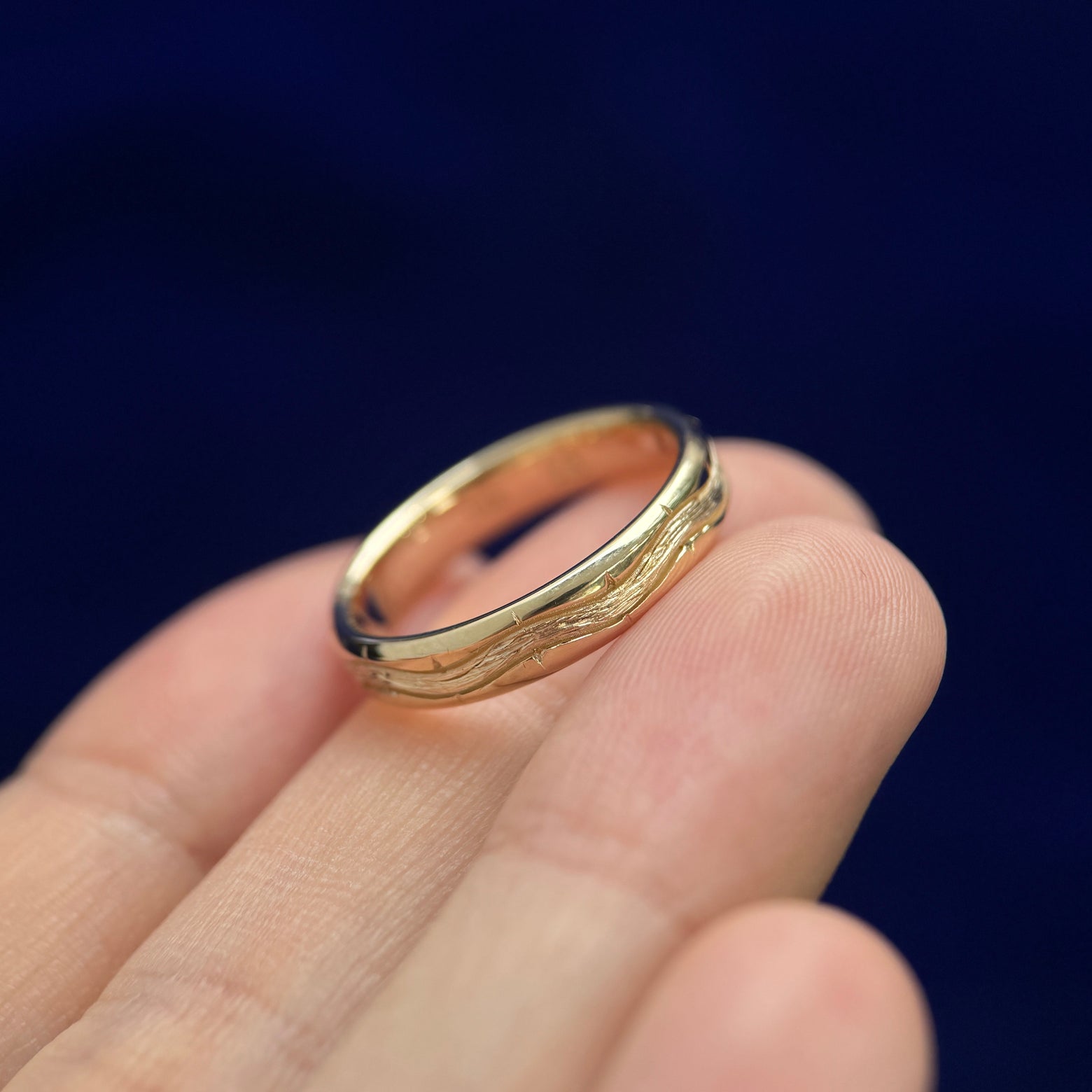 14k Yellow Gold Bright-cut Engraved Lines on 4mm Beveled Textured Branch Band Custom Ring, size 6.75
