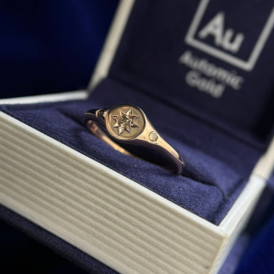 14k Rose Gold Star-set Brown Diamond with 2 Flush-set Brown Diamonds on Round Signet Band Custom Ring, Size 9