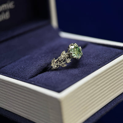 950 Platinum and Petal set 6mm Light Green Moissanite on Symmetrical 3 Brunches Band with 6pc Small Round Lab Diamonds Custom Ring size 3.75