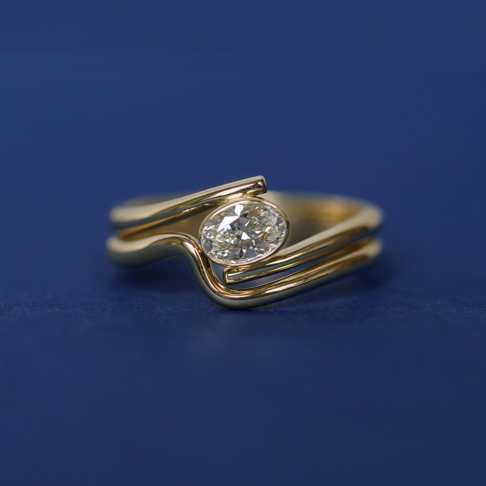 18k Yellow Gold and Oval Diamond Bypass Engagement and Wedding Band Rings Set