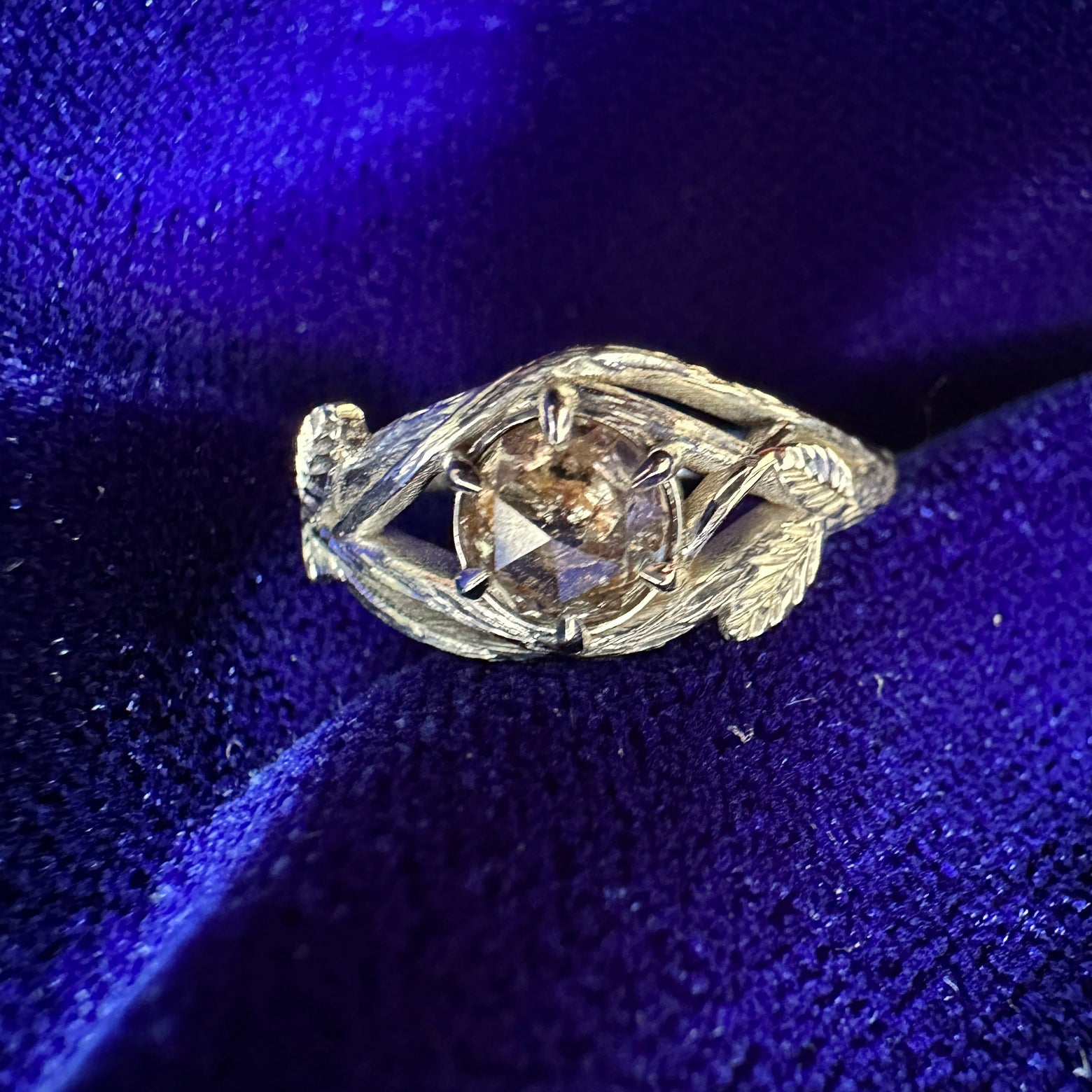 14k White Gold and Claw-Prongs-set 1.01ct Round Salt-and-pepper Diamond on Bruch and Leaves Band Custom Engagement Ring, size 6.5 (