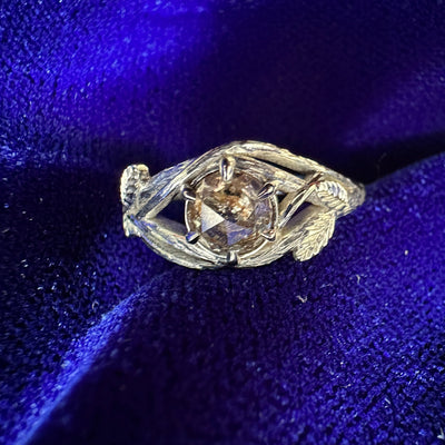 14k White Gold and Claw-Prongs-set 1.01ct Round Salt-and-pepper Diamond on Bruch and Leaves Band Custom Engagement Ring, size 6.5 (