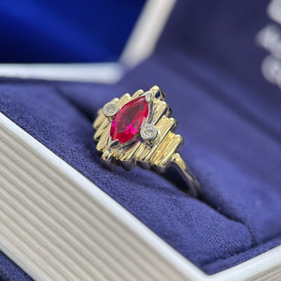 Remake white gold part of the ring, add center 7x3.5mm lab ruby with lab diamonds on the sides