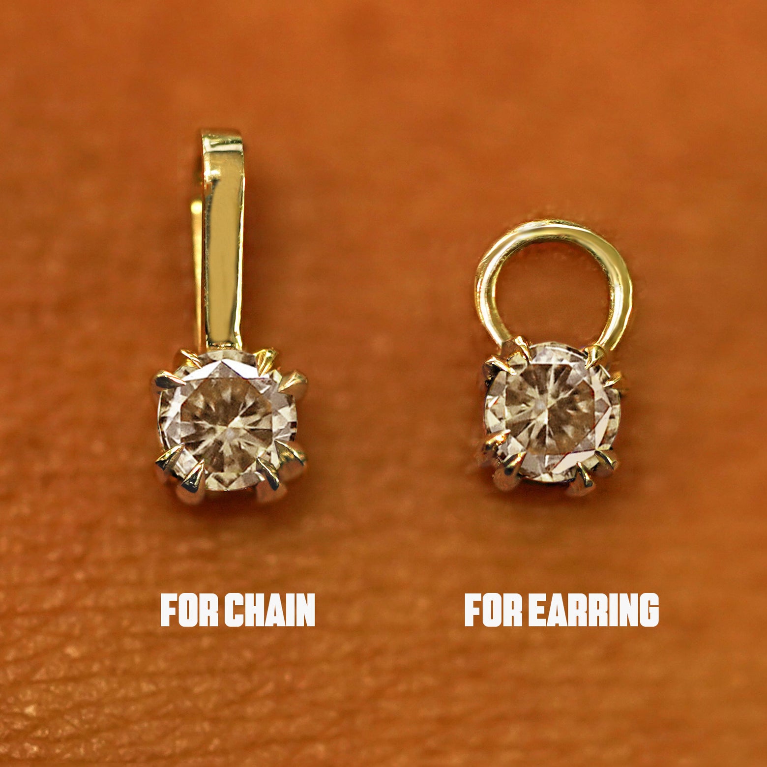 Two 14 karat solid gold Champagne Diamond Charms shown in the For Chain and For Earring options