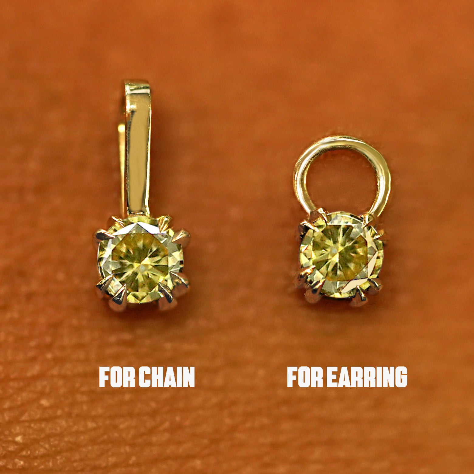 Two 14 karat solid gold Champagne Diamond Charms shown in the For Chain and For Earring options