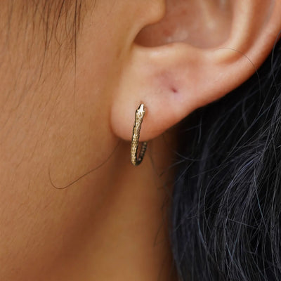 Close up view of a model's ear wearing a champagne gold Snake Hoop / Piercing