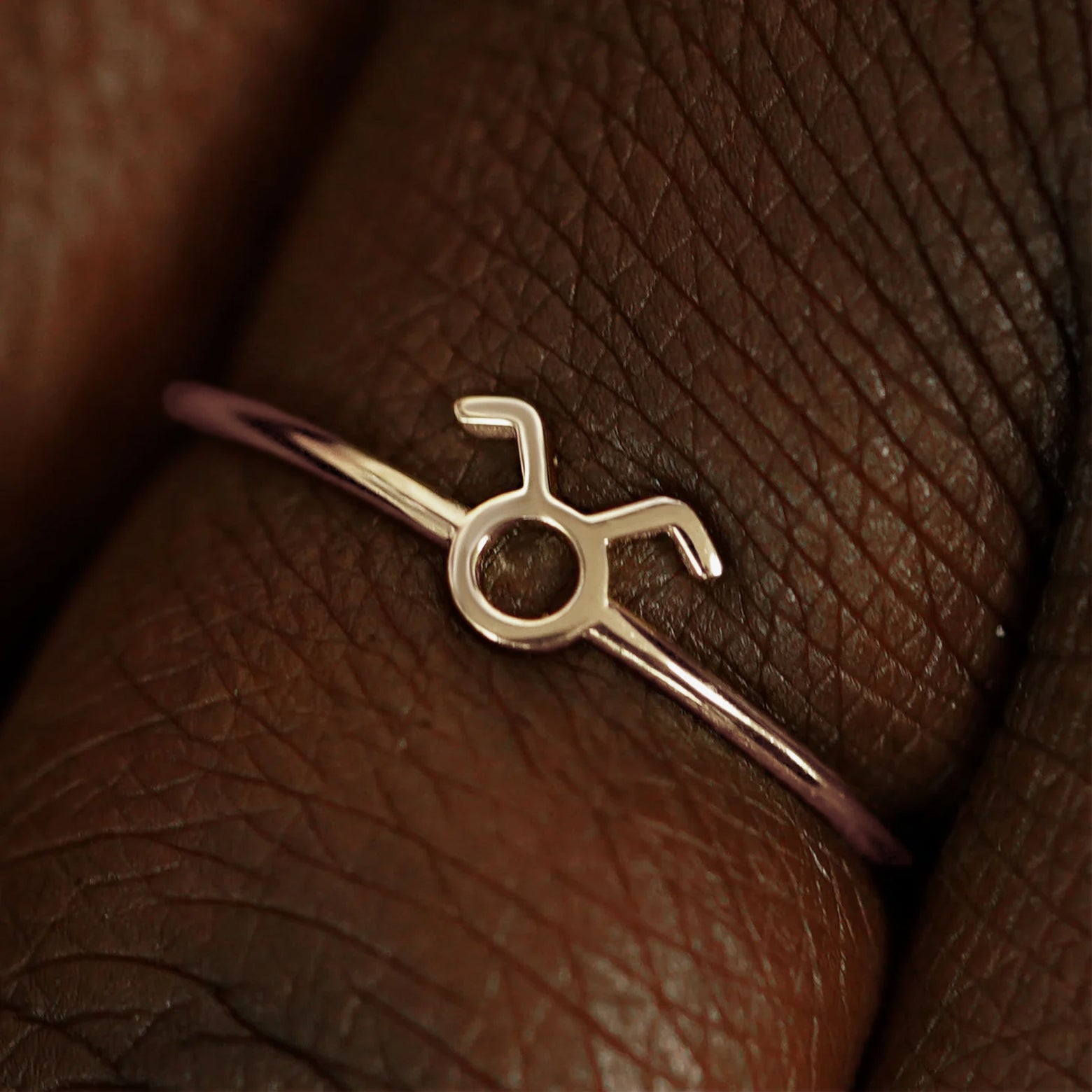 Close up view of a model's fingers wearing a 14k champagne gold Taurus Horoscope Ring