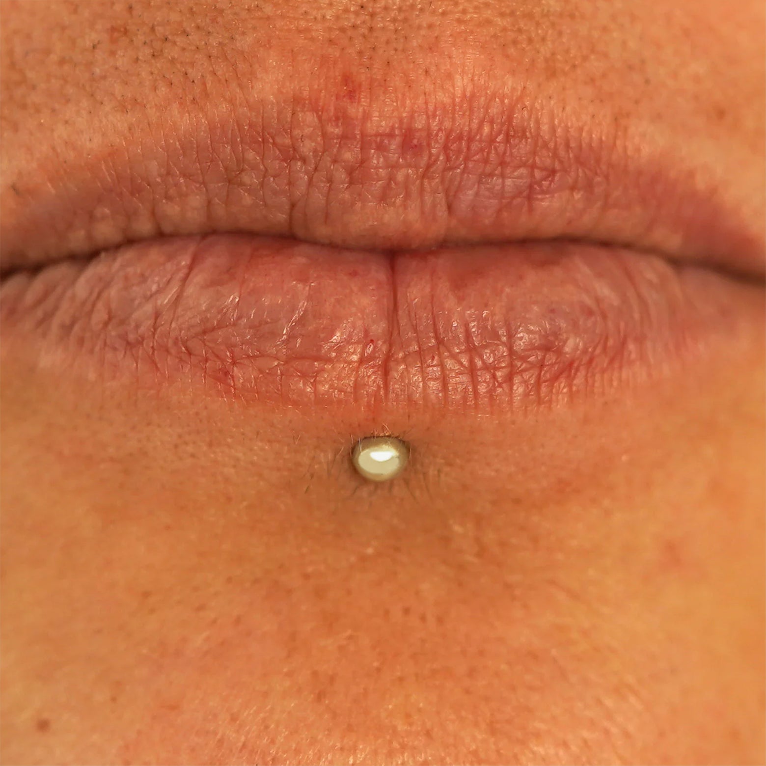 Close up view of a model's lips wearing a 14k champagne gold Small Labret Piercing