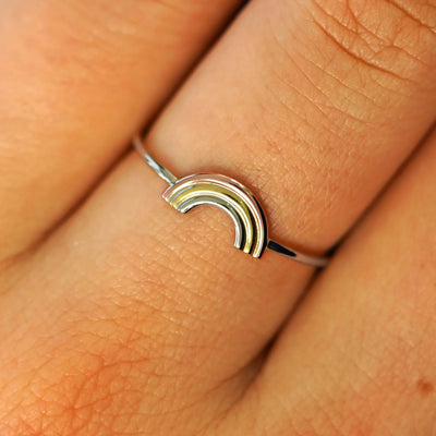 Close up view of a model's fingers wearing a solid champagne gold Rainbow Ring