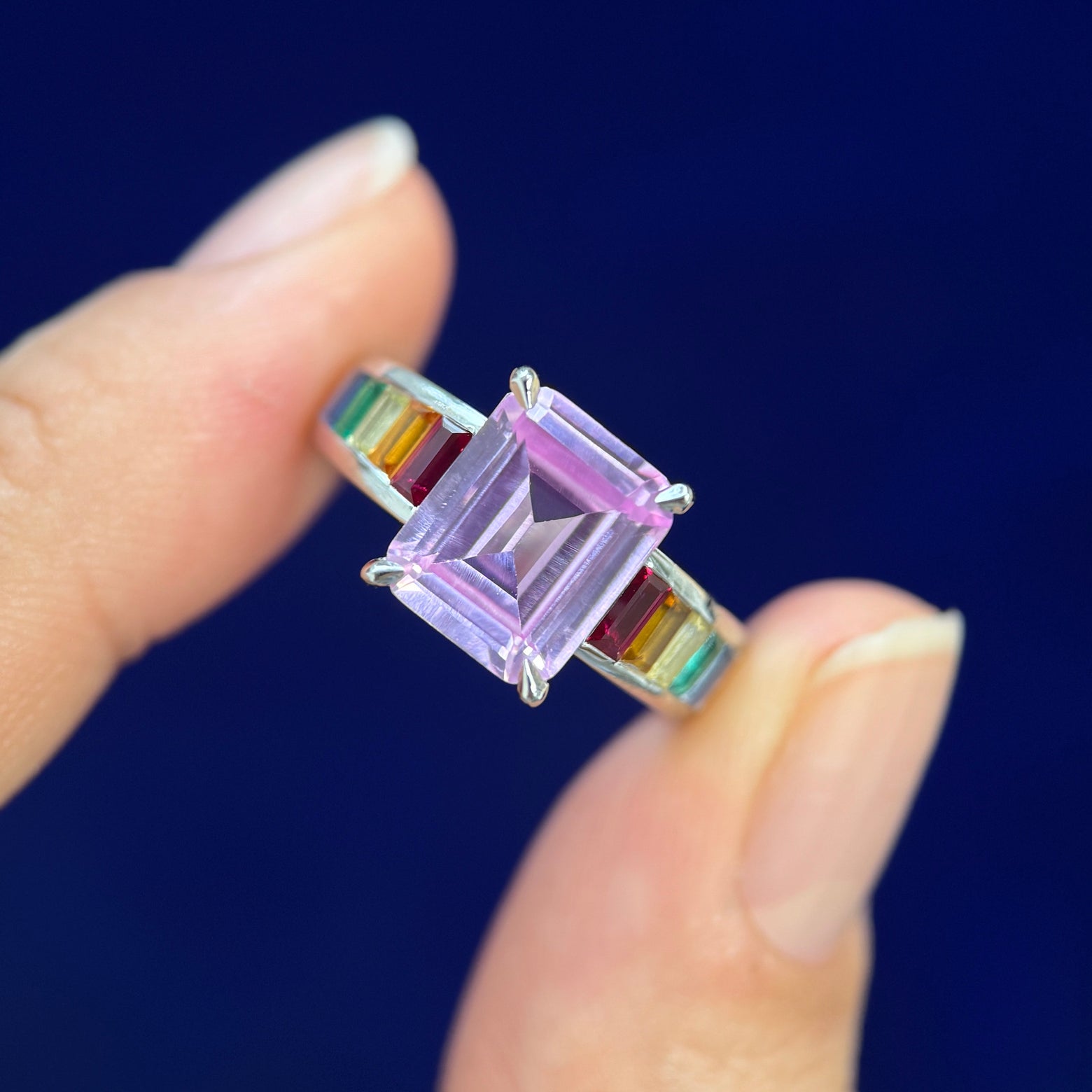 950 Platinum and 10x8mm Emerald-cut Pink Lab Sapphire and Channel set 2x4mm Baguette Rainbow Lab Sapphires Half-way around the Band Custom Ring, size 6.5