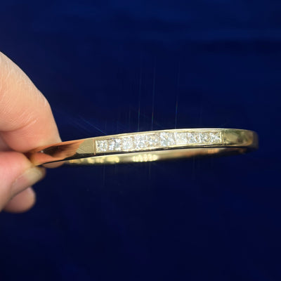 14k Yellow Gold with 10pc Princess-cut Customer's Heirloom Diamonds Reset into Channel set into 5mm Clicker Custom Bangle Bracelet 30 gram 7.5"