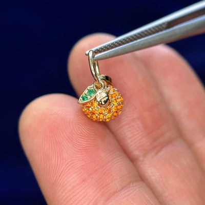 14k Yellow Gold 1.25mm Orange Sapphires Pave Clementine Custom Charm With Emeralds on the Leaves