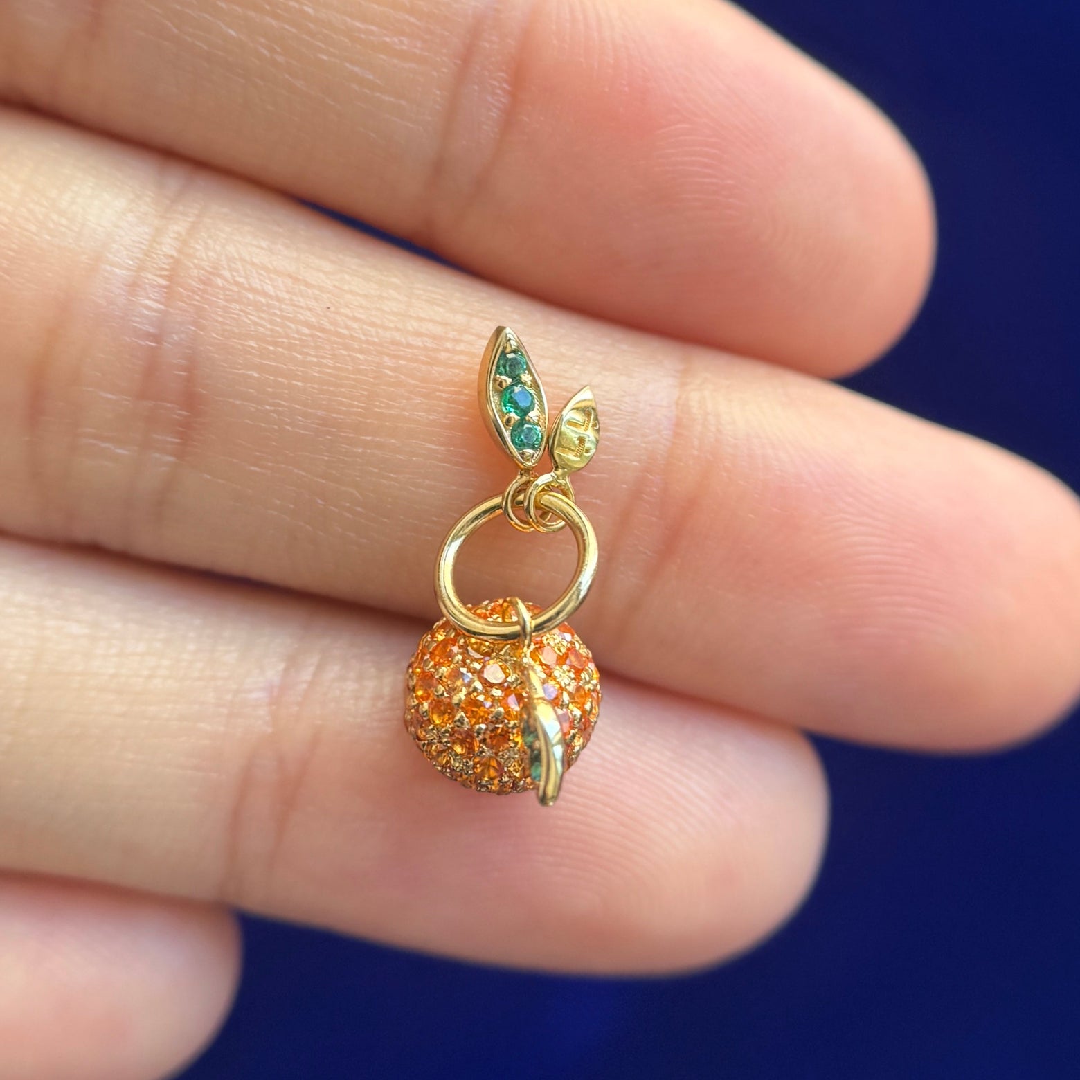 14k Yellow Gold 1.25mm Orange Sapphires Pave Clementine Custom Charm With Emeralds on the Leaves and with بابا engraving
