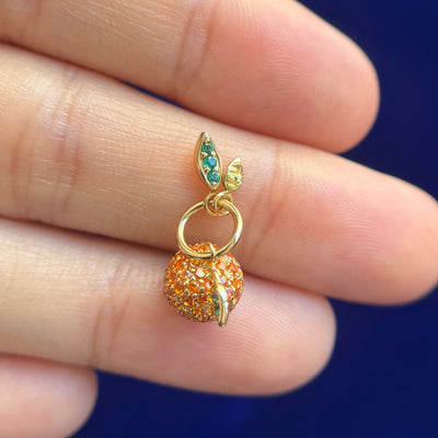 14k Yellow Gold 1.25mm Orange Sapphires Pave Clementine Custom Charm With Emeralds on the Leaves and with بابا engraving