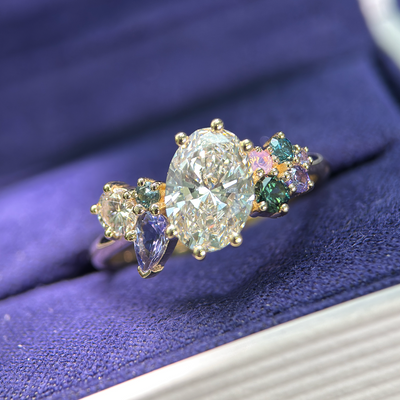 14k Yellow Gold Low-set 1.5ct Oval Lab Diamond with a Cluster of 0.11ct Sapphires and Heirloom 3.6mm Diamond on Tapered Comfort-fit Band Custom Ring, size 8