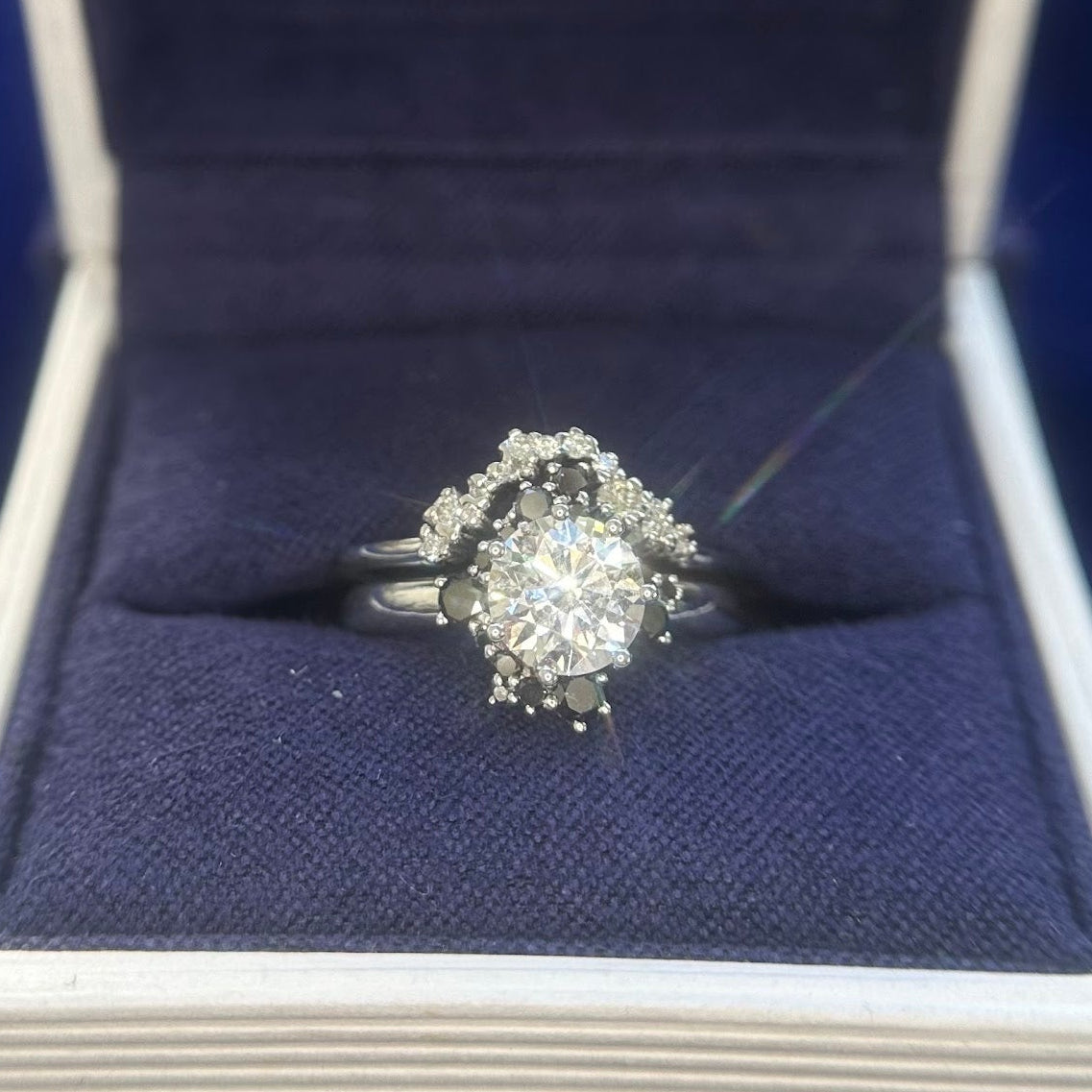 14k White Gold with 1ct Center Round White and Black Lab Diamonds Asymmetrical Starburst Cluster Engagement and Wedding Rings Set, Size 5