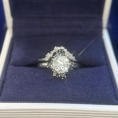 14k White Gold with 1ct Center Round White and Black Lab Diamonds Asymmetrical Starburst Cluster Engagement and Wedding Rings Set, Size 5