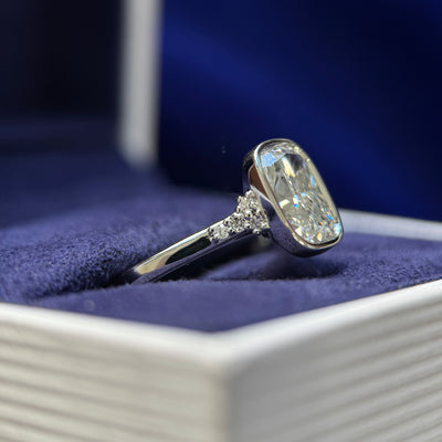 cluster veiw of 950 Platinum & Bezel-High-Cathedral-set 1.5ct Elongated Cushion Lab Diamond with 2pc Small Lab Diamonds on Thin Band Custom Ring, size 5