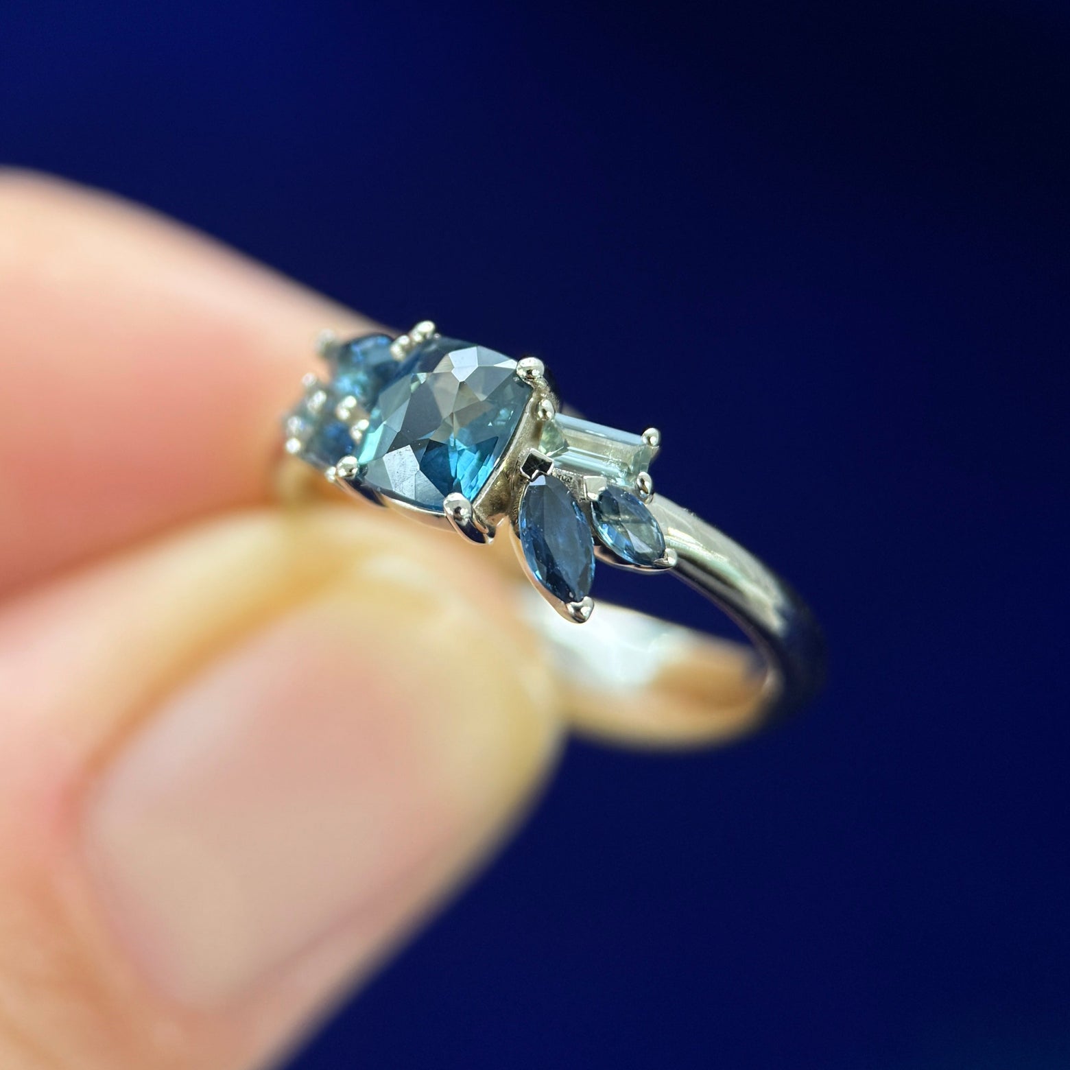 14k Champagne Gold and 0.88ctw Cluster of Sapphires Custom Ring, size 4.5