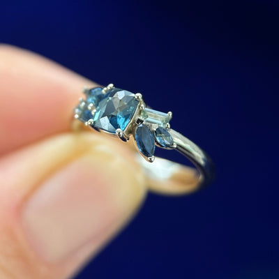 14k Champagne Gold and 0.88ctw Cluster of Sapphires Custom Ring, size 4.5