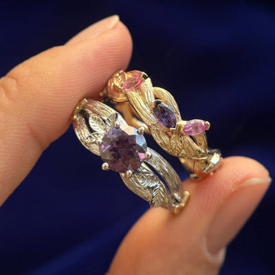14k Yellow and White Gold and Lab Sapphires Branches and Leaves Custom Couple Rings Set, size 7.5 and 10
