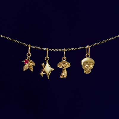 A Gemstone 3 Leaf Charm, Sparkly Emoji Charm, Mushroom Charm, and Skull Charm on a cable chain