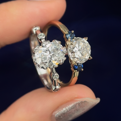 14k Yellow and White Gold and Lab Diamonds Custom Couple Rings Set, size 7.75 and 9.25