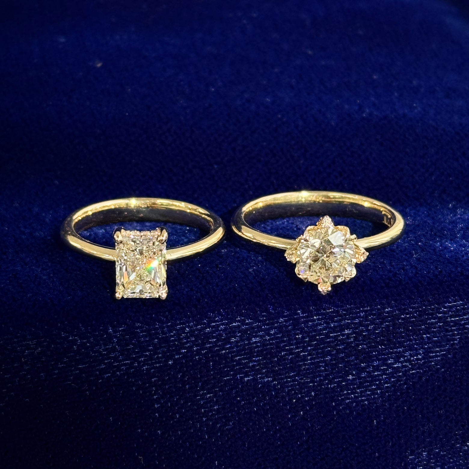 14k Yellow Gold Matching Couple Custom Engagement Rings, one with 1.21ct I/VVS GIA Radiant-cut Natural Diamond, one with 1.11ct J/SI2 Round Natural Diamond